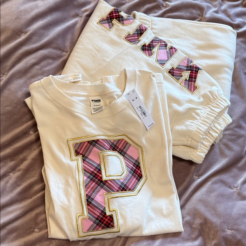PINK Victoria's Secret Women’s Cream and Pink Plaid Set
